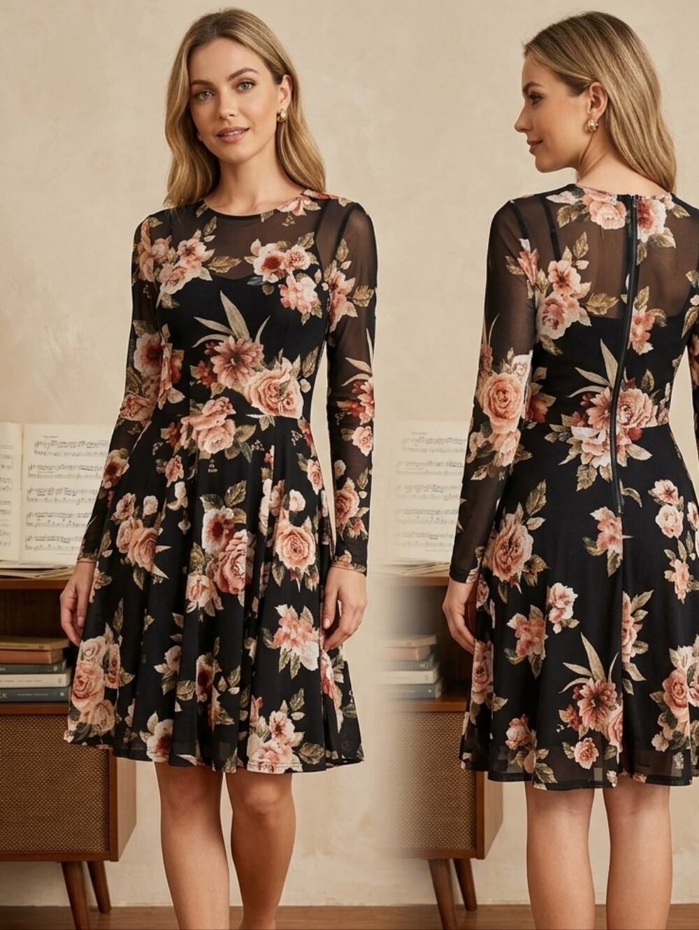 Altar'd State Black Floral Long Sleeve Skater Dress Size S Romantic Whimsigoth